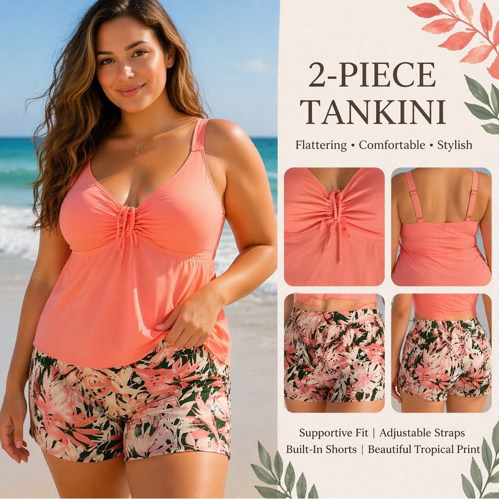 Coral Pink Tankini Set XXL Tropical Shorts Ruched Top Swimwear - Picture 2 of 4